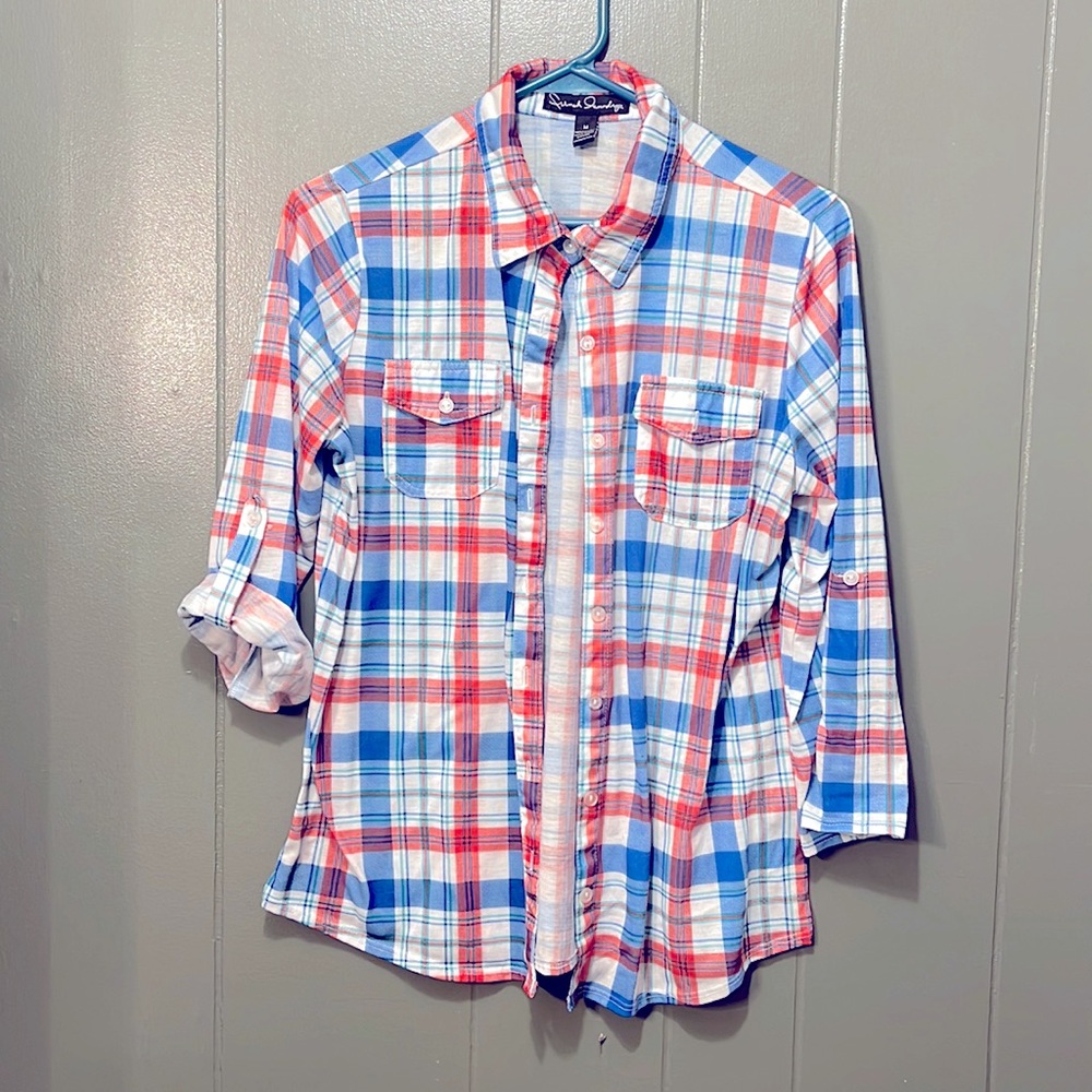 Lightweight colorful fun flannel, full sleeve or 3/4 button up on sleeves.